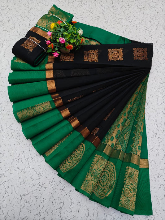 Black and Green Uppada Kotanji Border Silk Cotton Saree