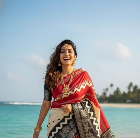 Black and Red Mubbagam Soft Silk Saree