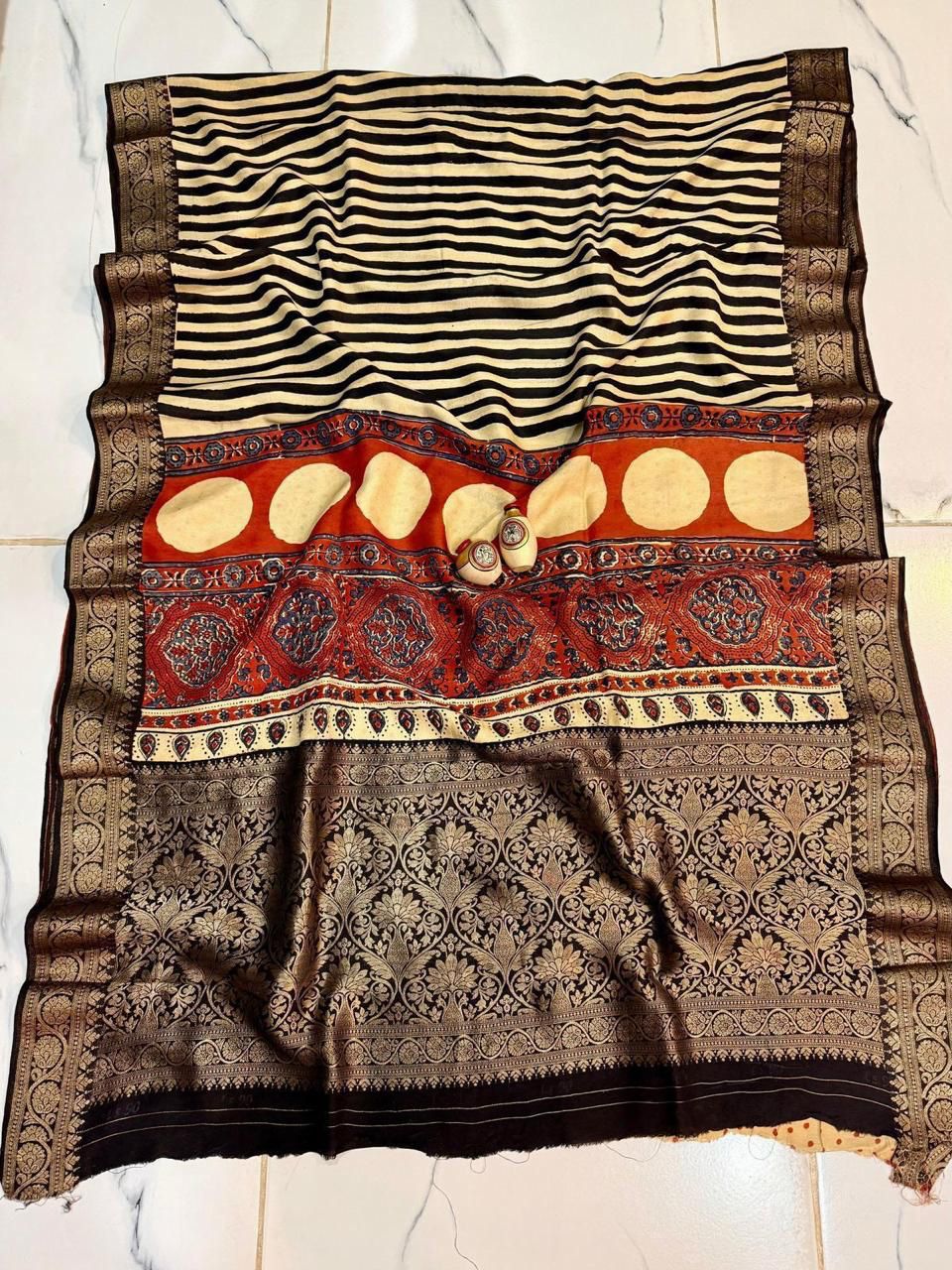 Black Stripe Ajrakh Print Pure Dola Silk Saree