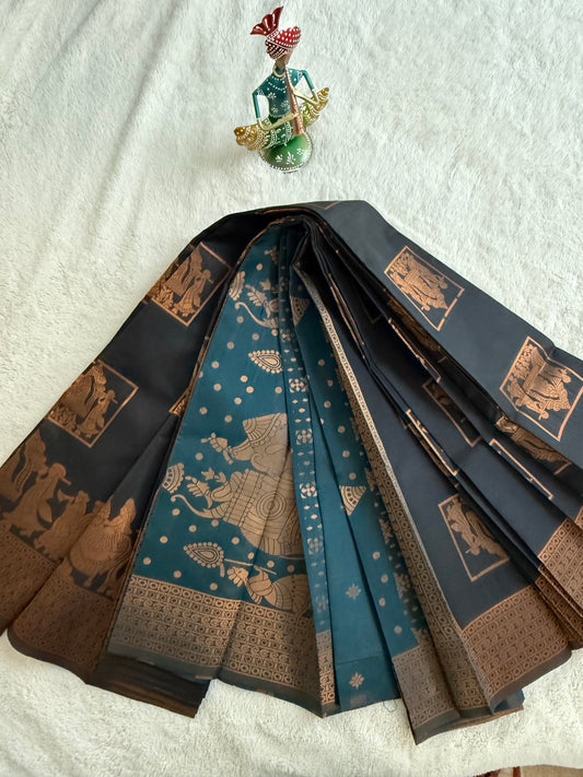 Black and Teal Pallaku Design Soft Silk Saree