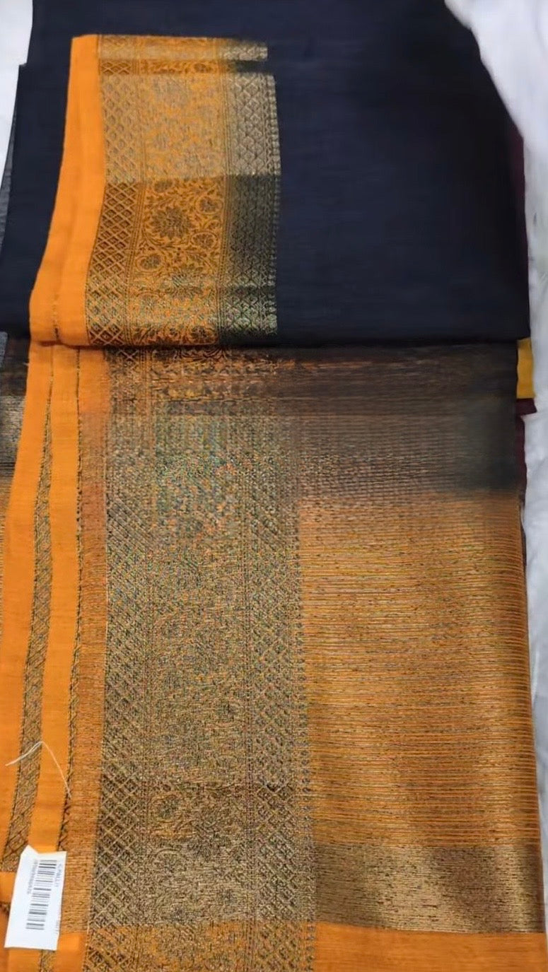 Navy Blue and Yellow Semi Jute Silk Saree