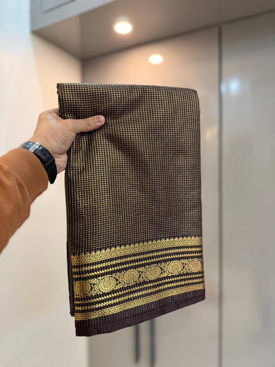Black Checked Pattern Warm Silk Saree