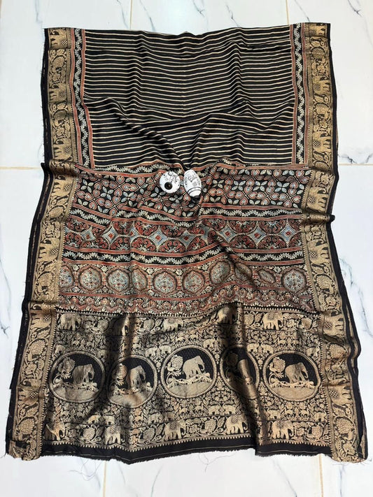 Black Ajrakh Print Pure Dola Silk Saree