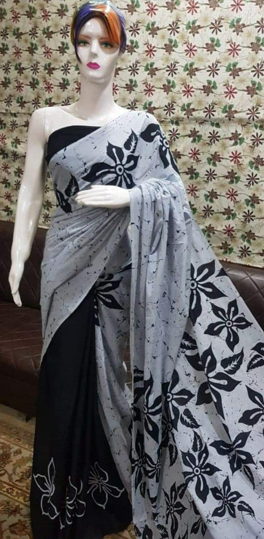 Black and White MulMul Cotton Saree