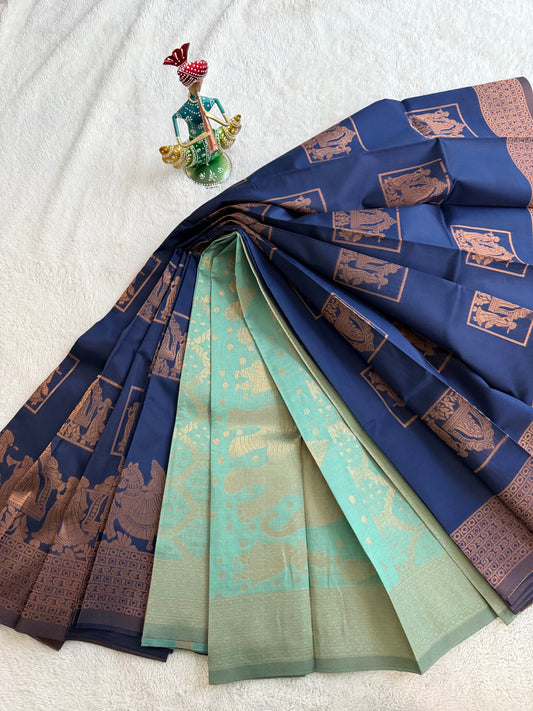 Blue and Light Teal Pallaku Design Soft Silk Saree