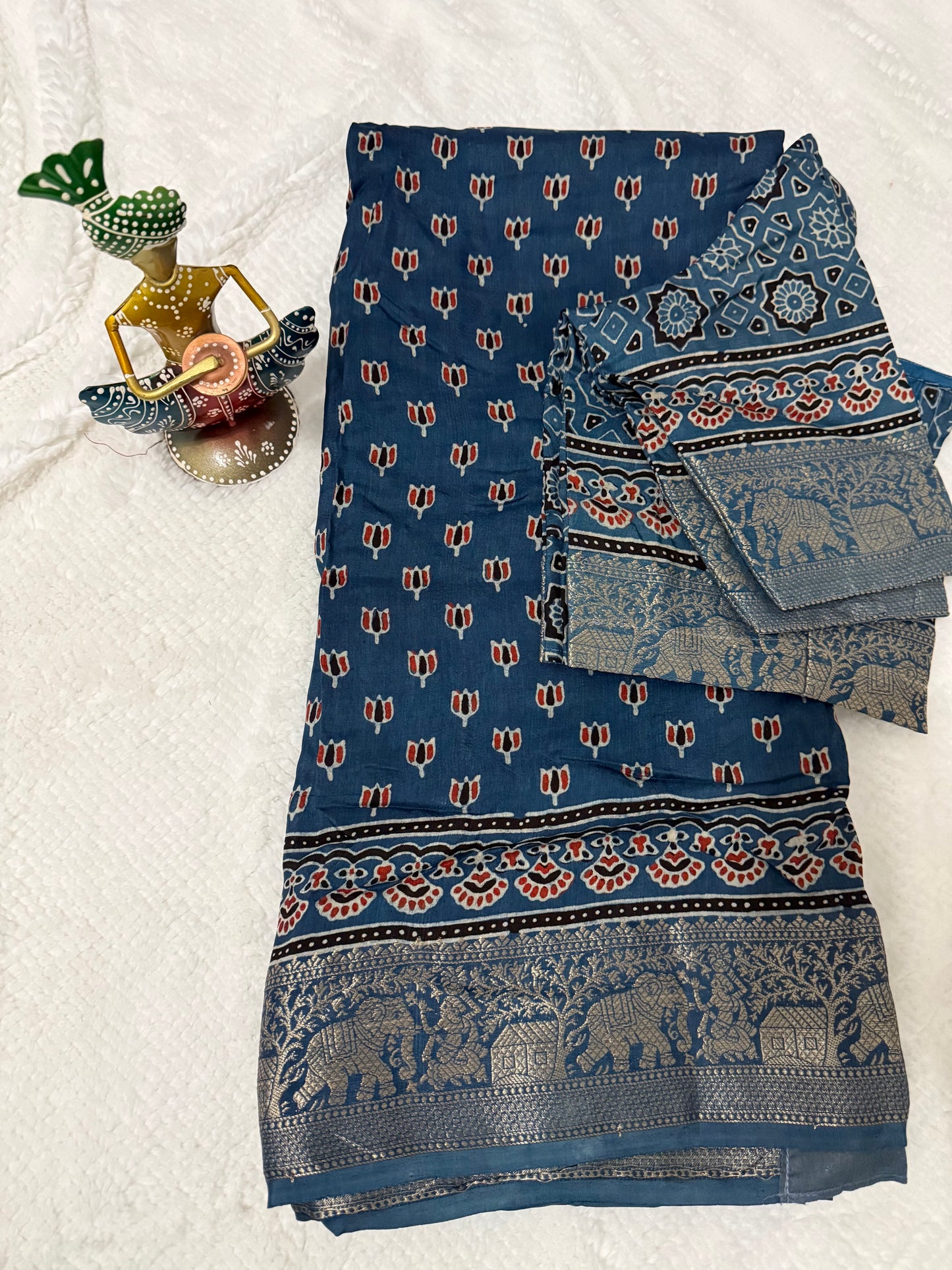 Blue Ajrakh Print Pure Dola Silk Saree with Zari Border