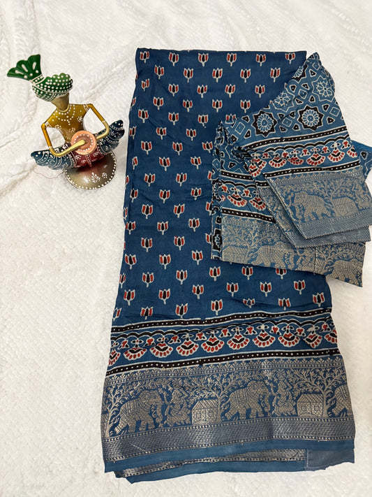 Blue Ajrakh Print Pure Dola Silk Saree with Zari Border
