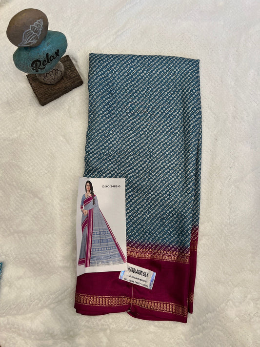 Blue and Magenta Mangalagiri Semi Silk Saree