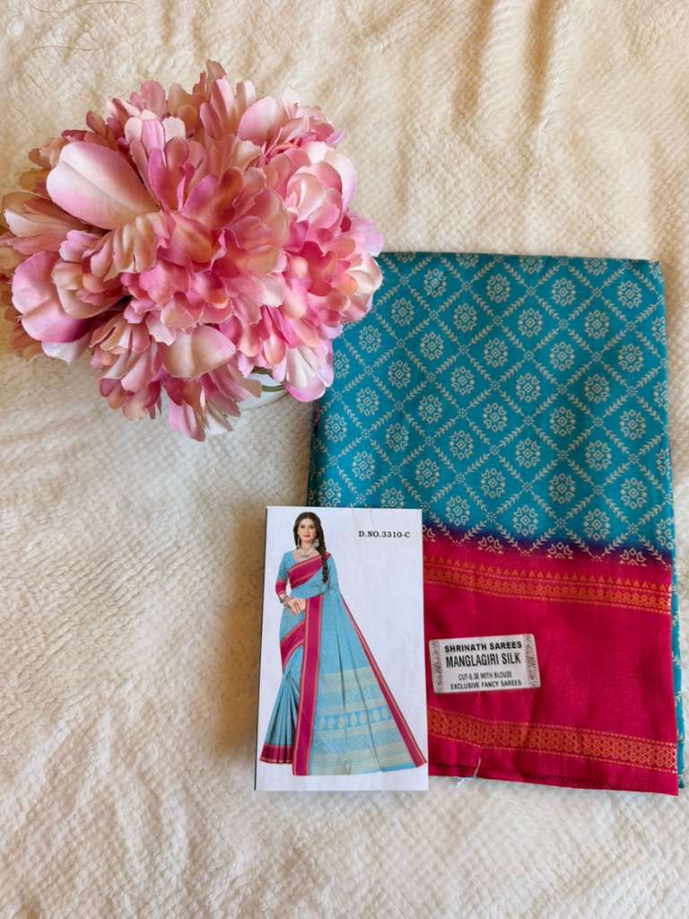 Blue and Pink Mangalagiri Semi Silk Saree