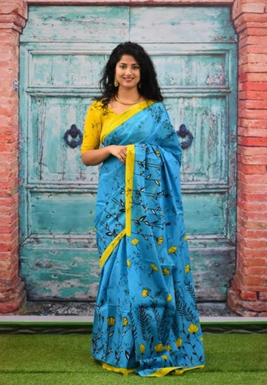 Blue with Yellow Border MulMul Cotton Saree