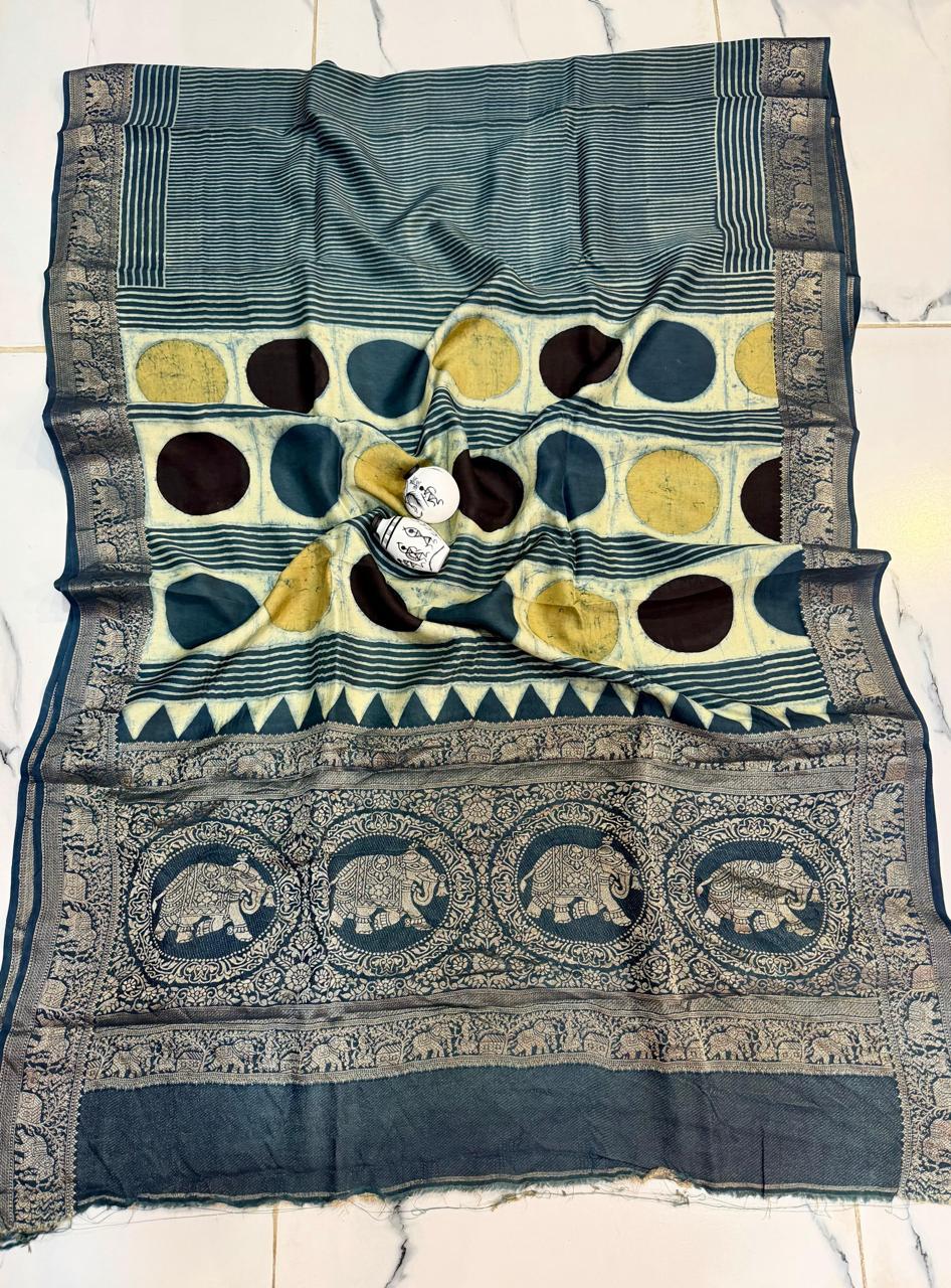 Blue Ajrakh Print Pure Dola Silk Saree