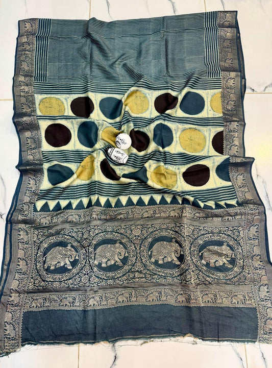 Blue Ajrakh Print Pure Dola Silk Saree