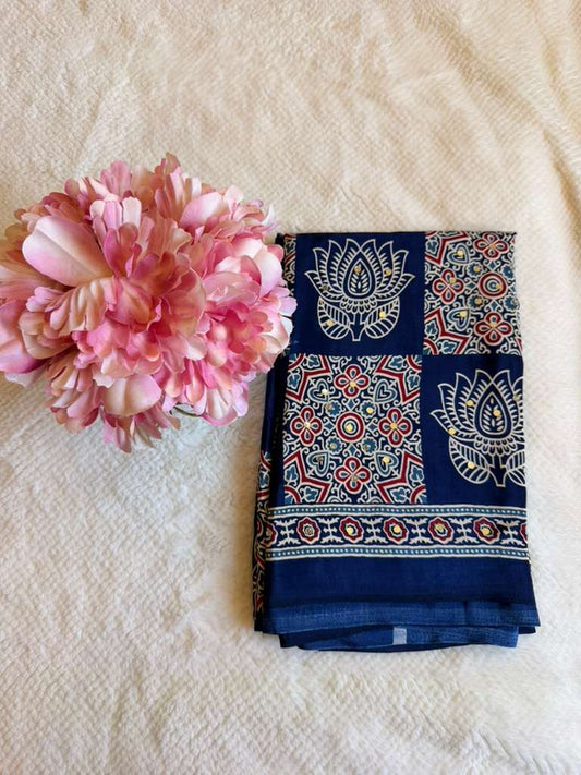 Blue Ajrakh Print Mirror Work Fancy Saree
