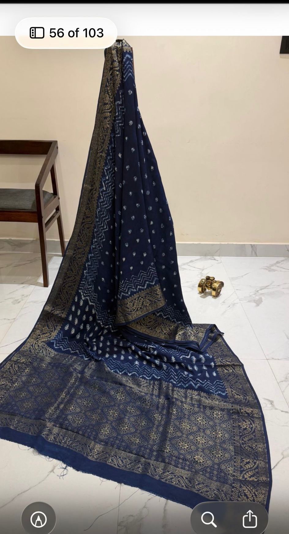 Dark Blue Ajrakh Print Pure Dola Silk Saree with Zari Border