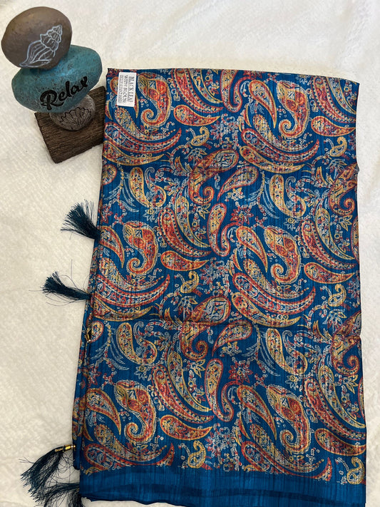 Blue Color Black Leaf Fancy Saree