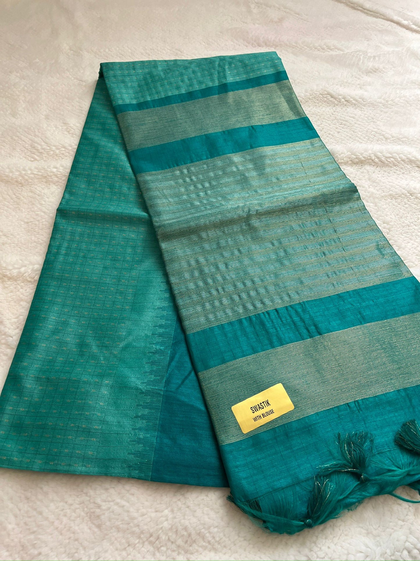 Bluish Green Swastik Semi Tussar Silk Saree