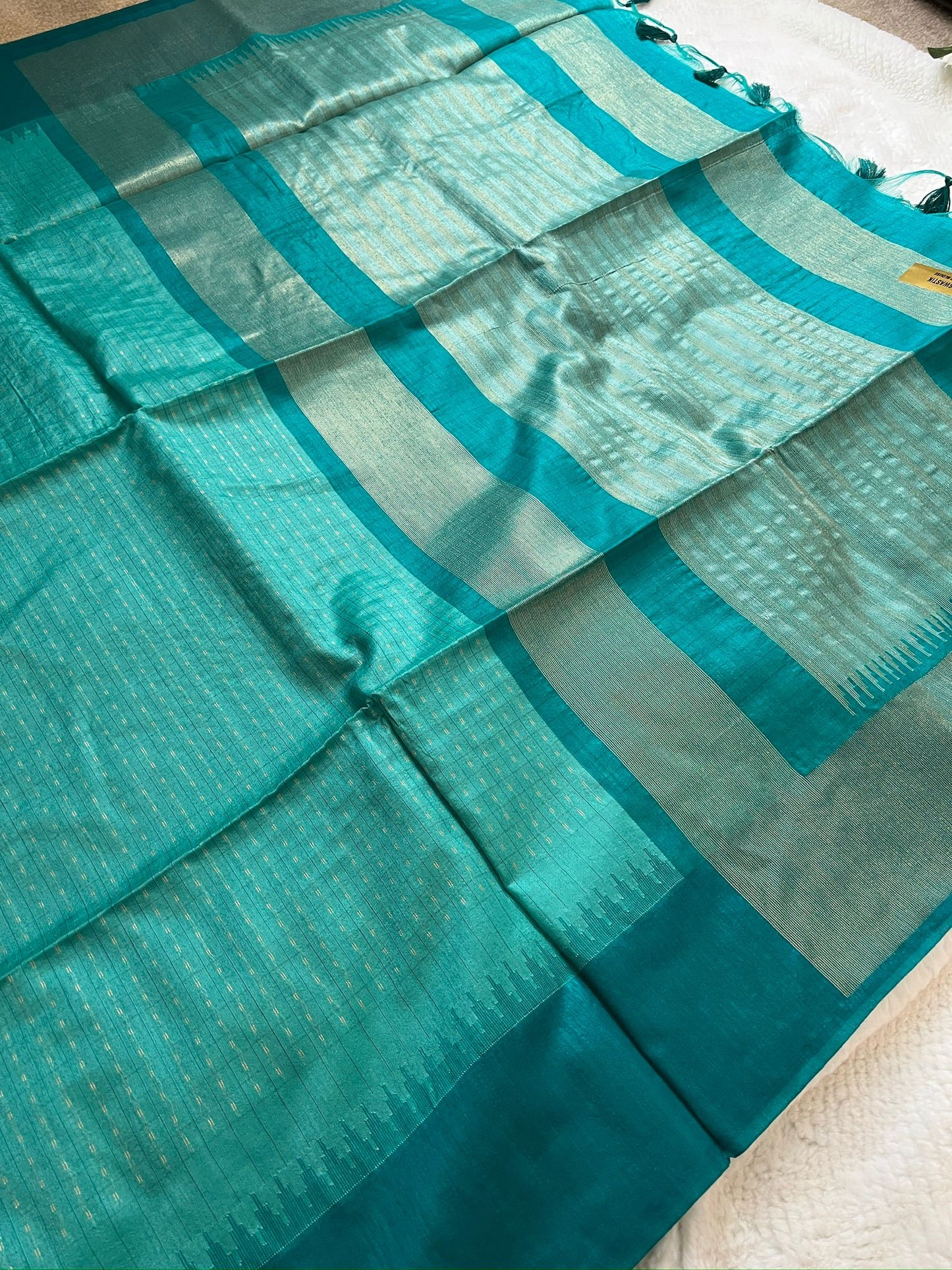 Bluish Green Swastik Semi Tussar Silk Saree