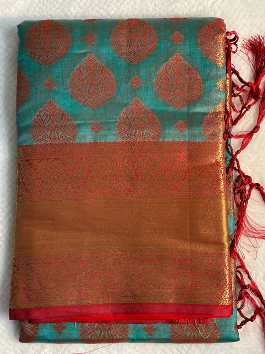 Grand Bluish Green and Red Ankita Silk Saree