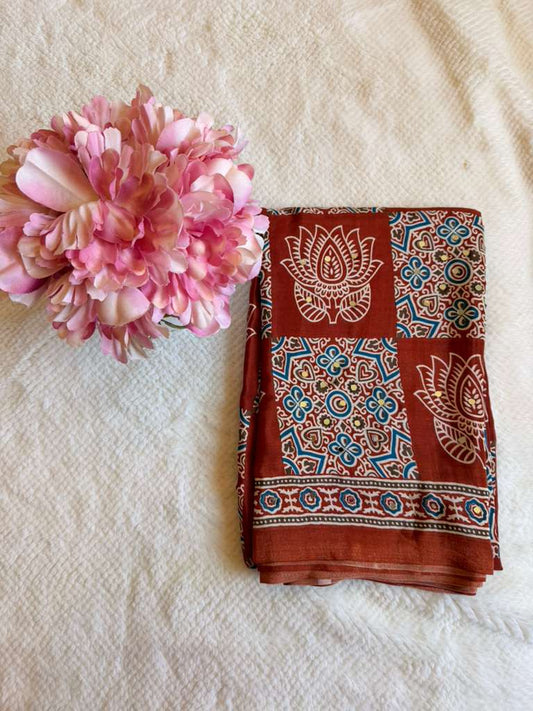 Brick Red Ajrakh Print Mirror Work Fancy Saree