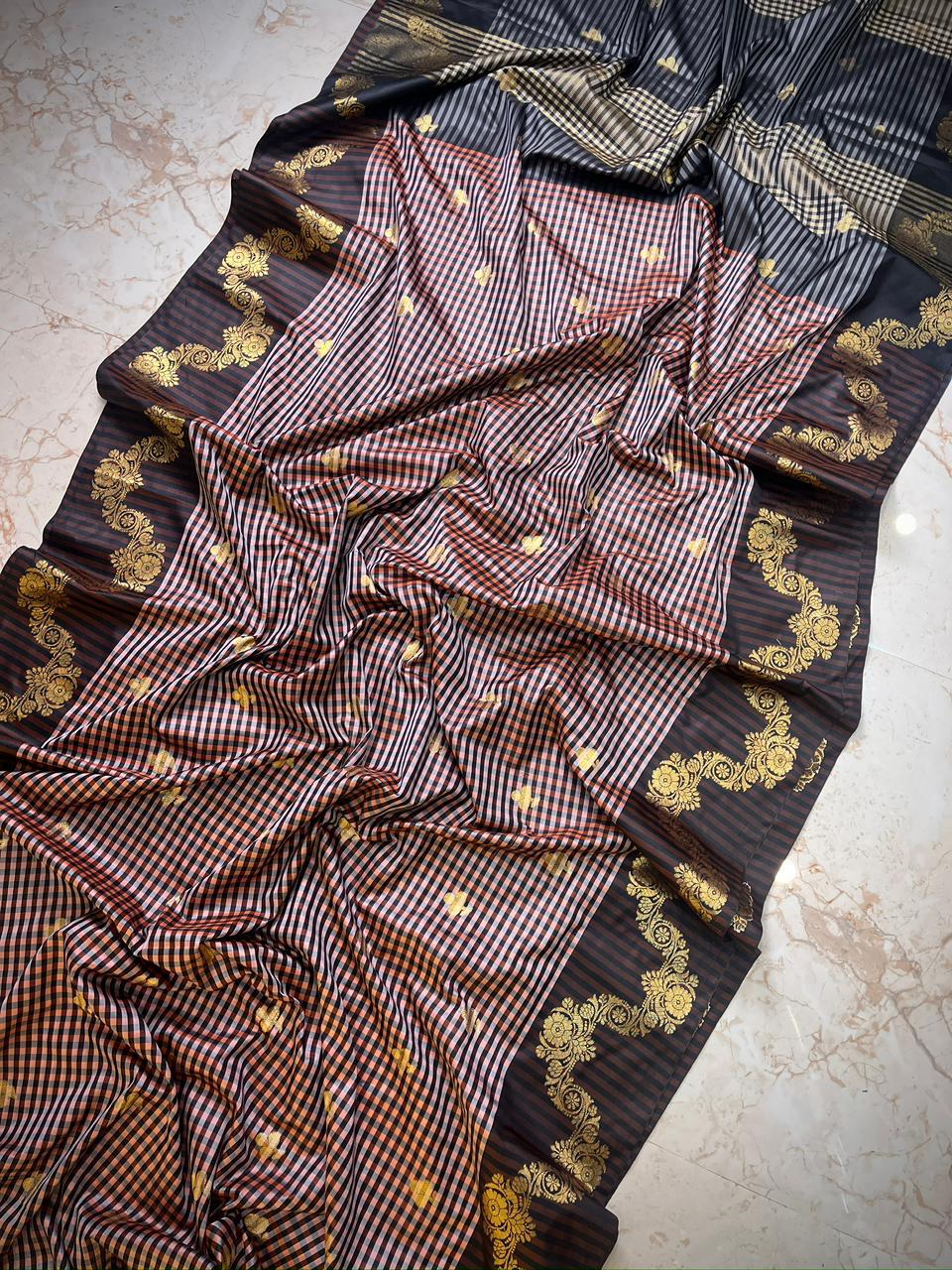 Chocolate Brown Checked Tissue Silk Saree