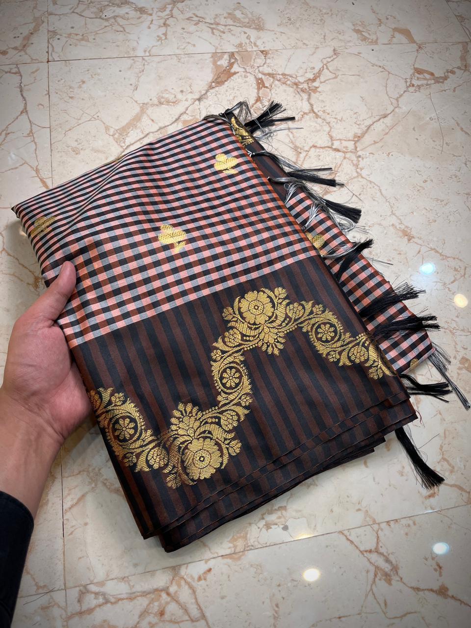 Chocolate Brown Checked Tissue Silk Saree