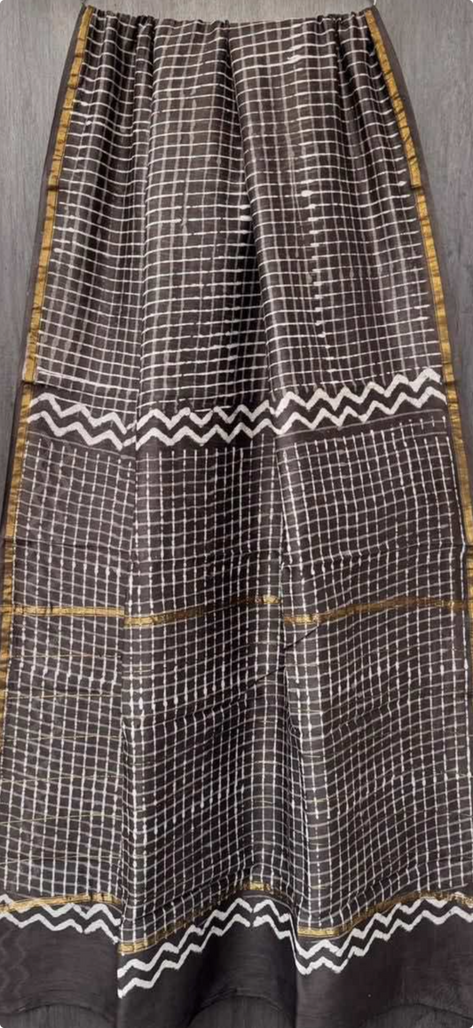 Brown Checked Chanderi Silk Saree