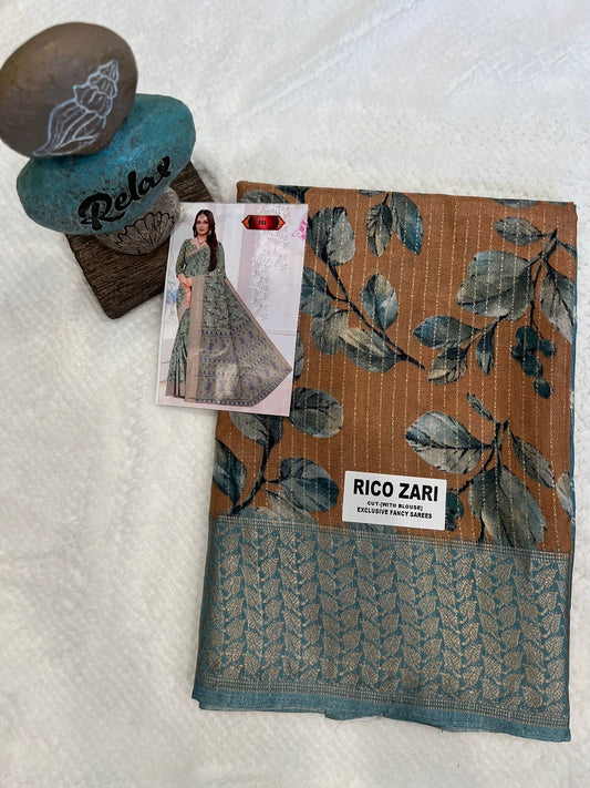 Brown and Teal Ricco Zari Fancy Saree