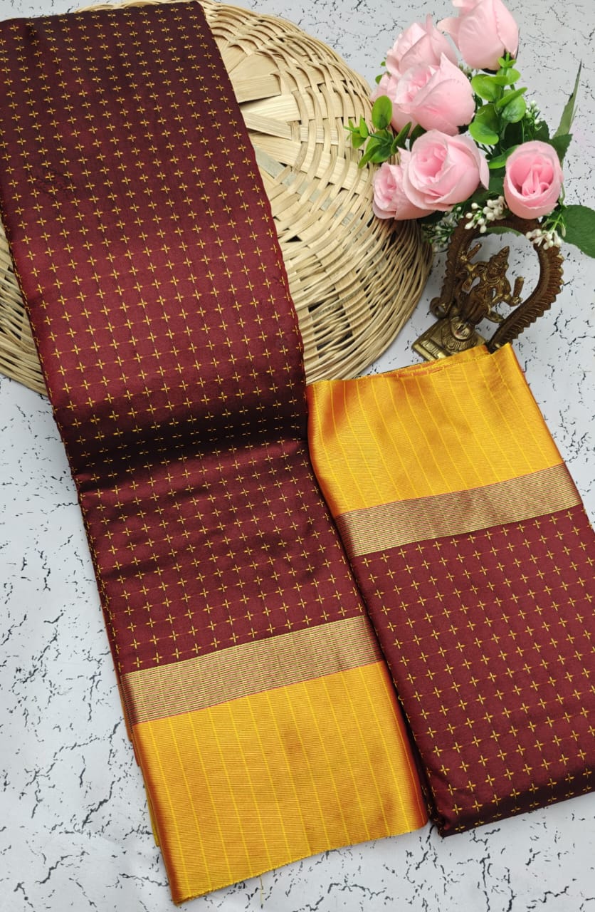 Brown and Yellow Checked Pattern Arani Soft Silk Saree