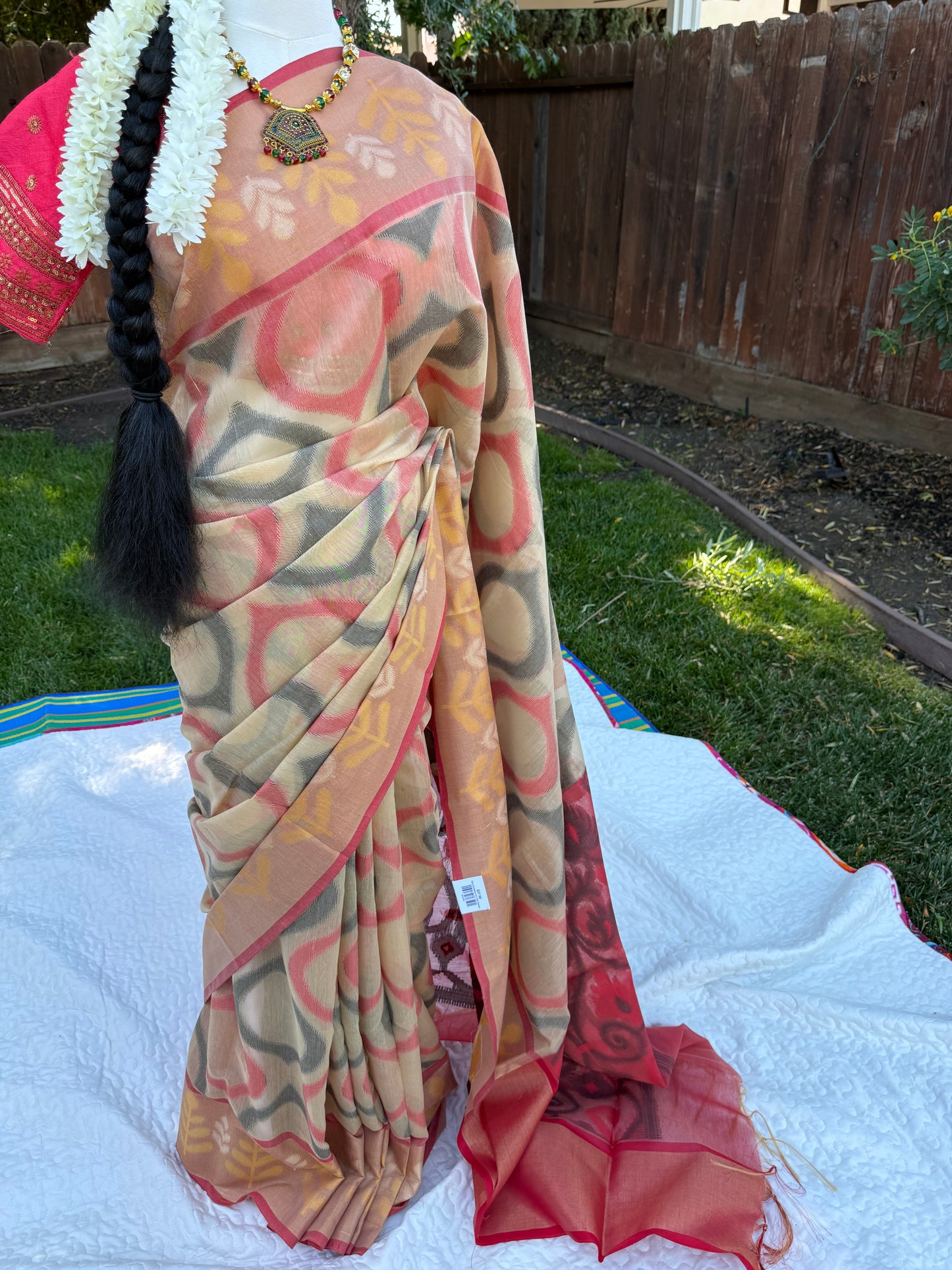 Peach and Reddish Pink Cotton Banarasi Pochampally Saree