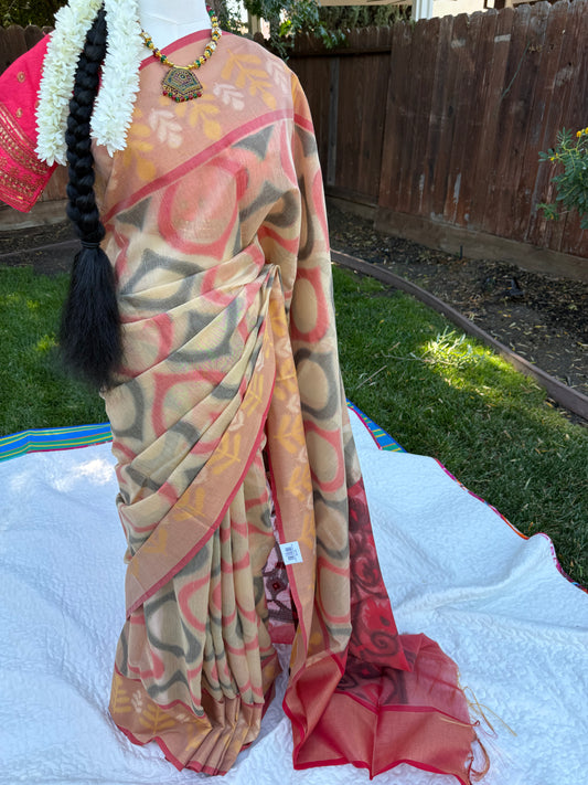 Peach and Reddish Pink Cotton Banarasi Pochampally Saree