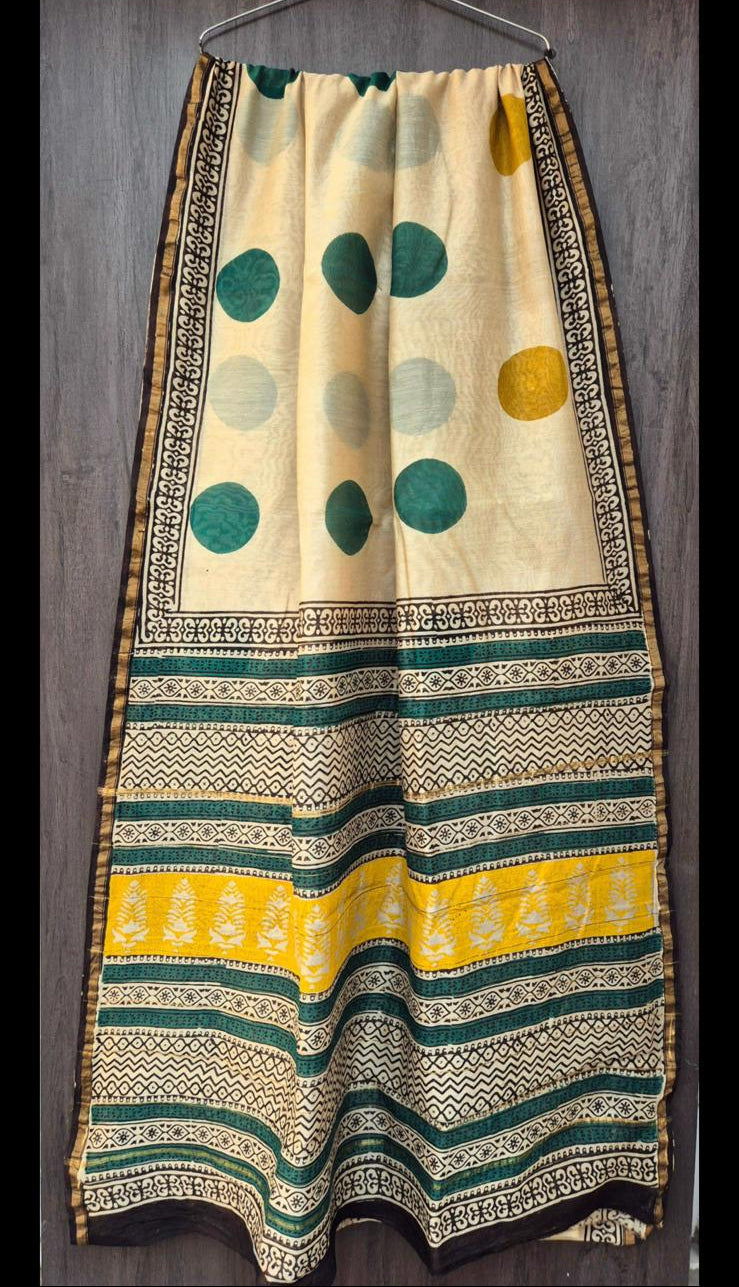 Sandal and Green Chanderi Silk Saree