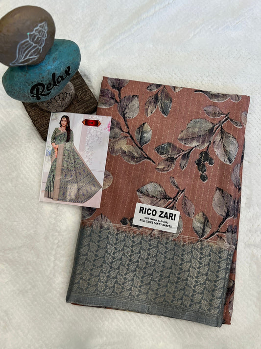 Chocolate and Grey Ricco Zari Fancy Saree