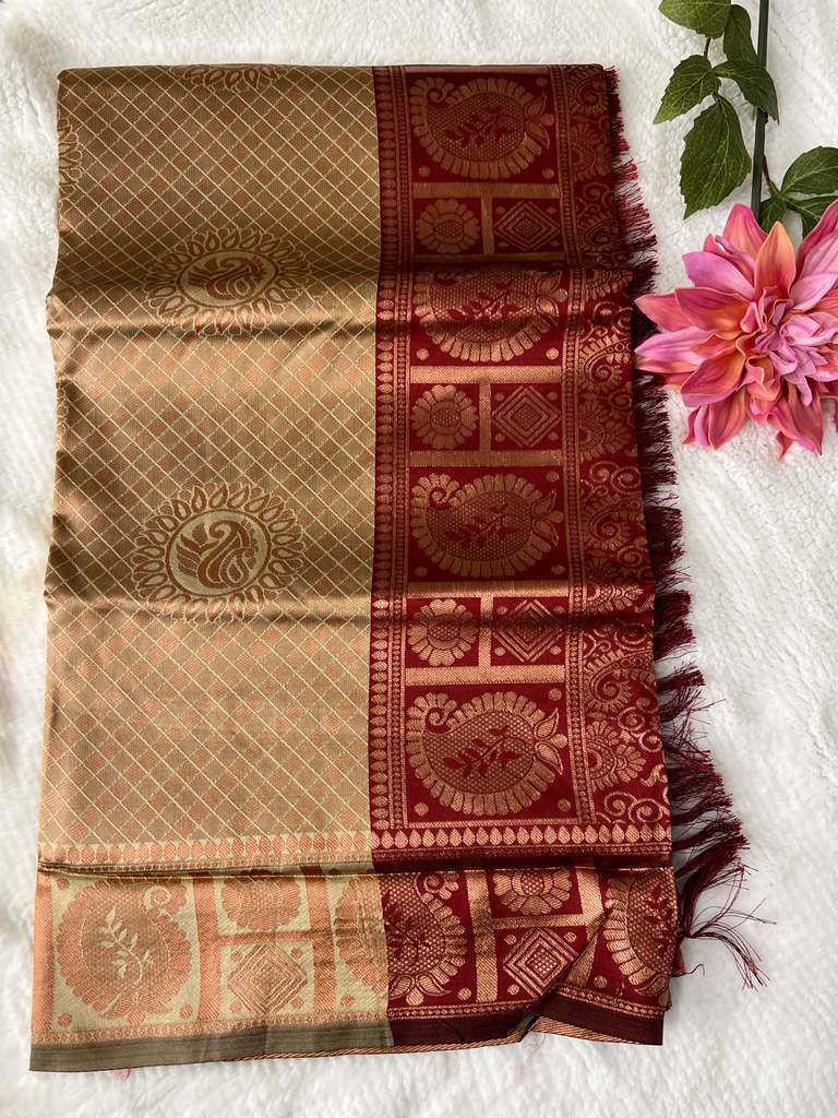 Cream and Maroon Copper Queen Fancy Saree