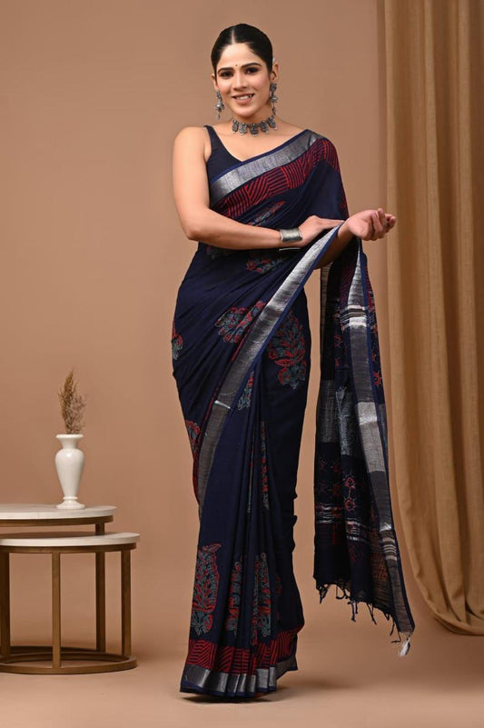 Dark Blue Bhagru Linen Cotton Saree