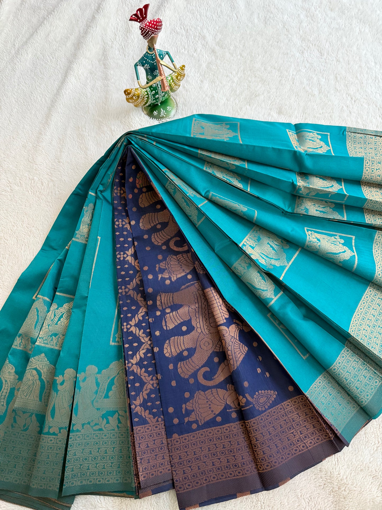 Dark Teal and Dark Blue Pallaku Design Soft Silk Saree
