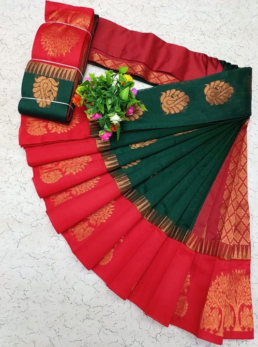 Dark Green and Red Uppada Kotanji Border Silk Cotton Saree