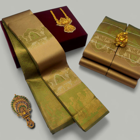 Gold and Green Pallakku Design Kubera Soft Silk Saree