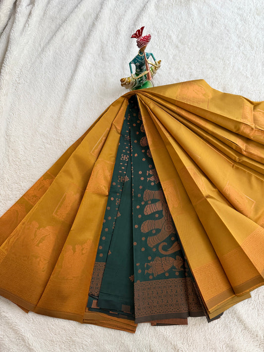 Gold and Dark Green Pallaku Design Soft Silk Saree