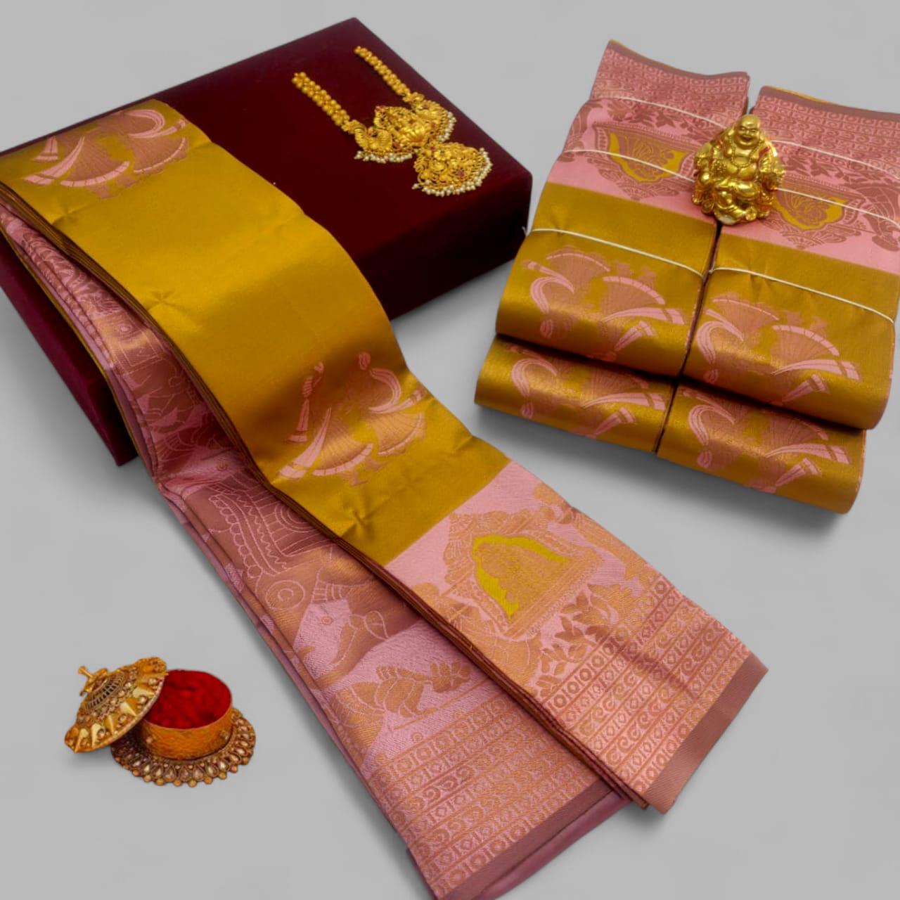 Gold and Peach Kubera Soft Silk Saree