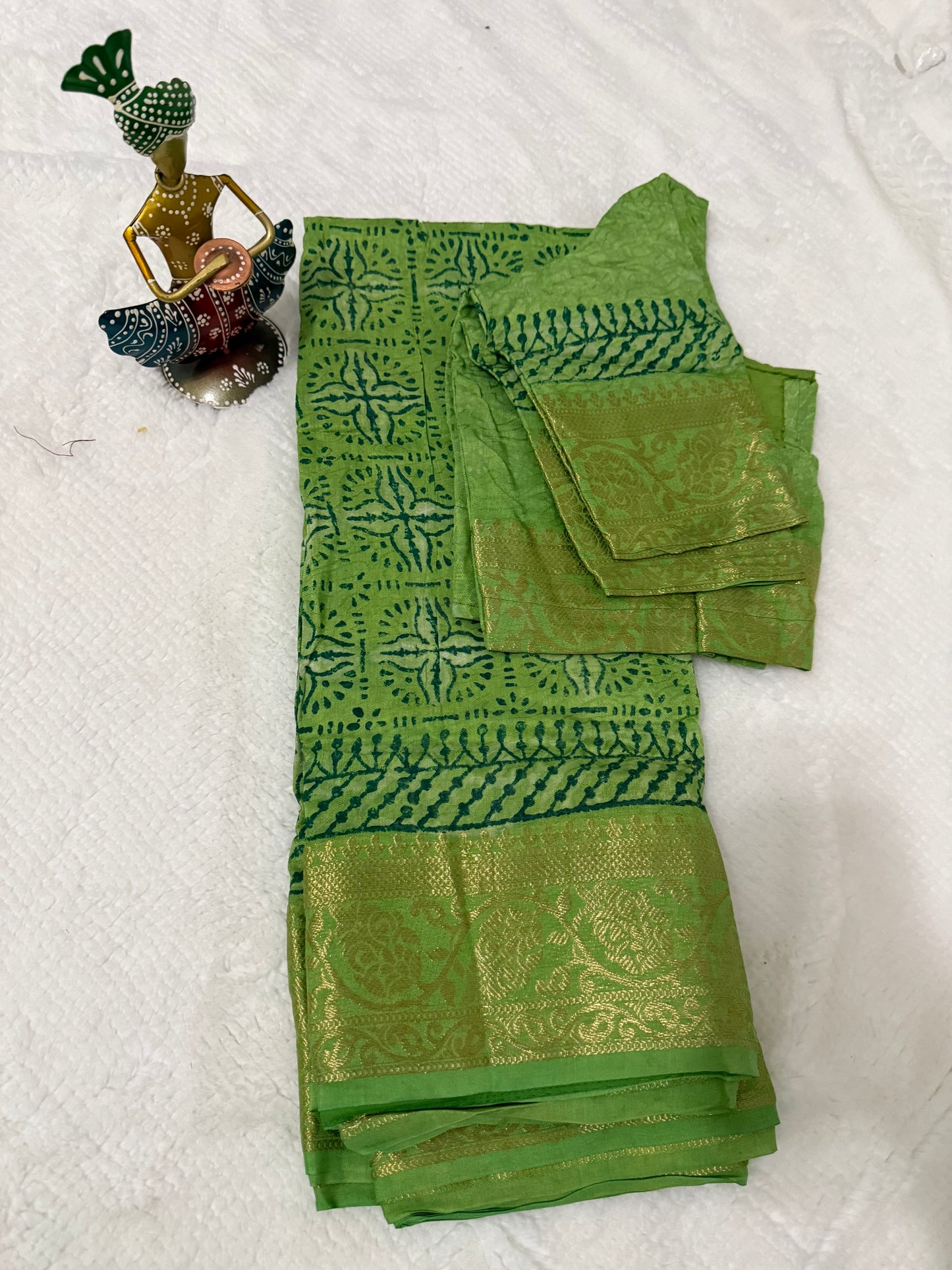 Green Ajrakh Print Pure Dola Silk Saree with Zari Border