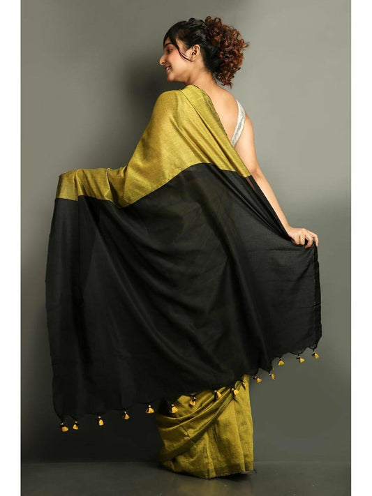 Green with Black Dual Tone Khadi Cotton Saree