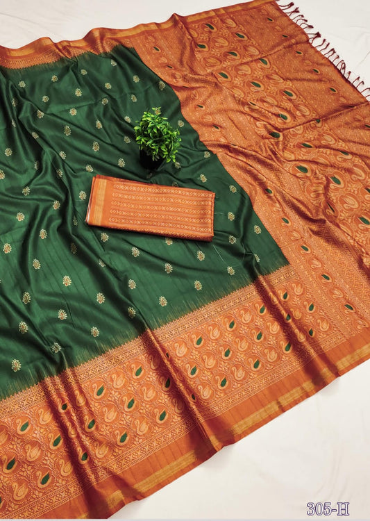 Green and Brick Red Silkworm Cotton Saree