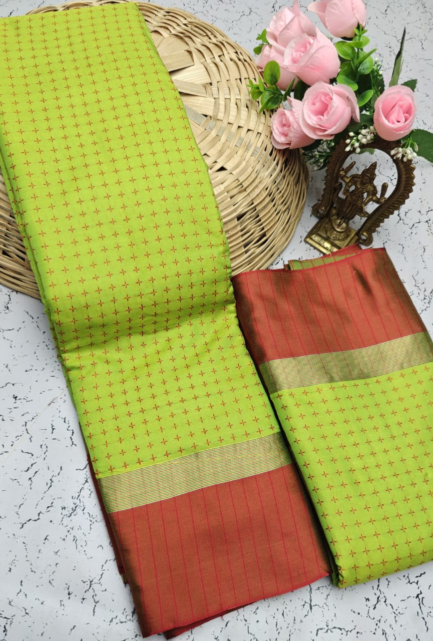 Green and Red Checked Pattern Arani Soft Silk Saree