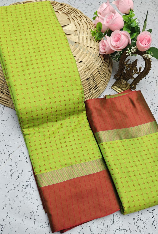 Green and Red Checked Pattern Arani Soft Silk Saree