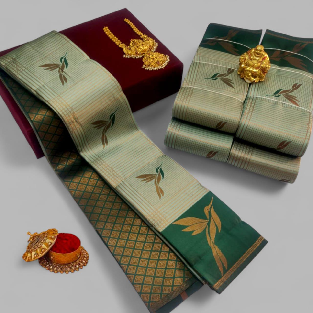 Pista Green and Dark Green Kubera Soft Silk Saree