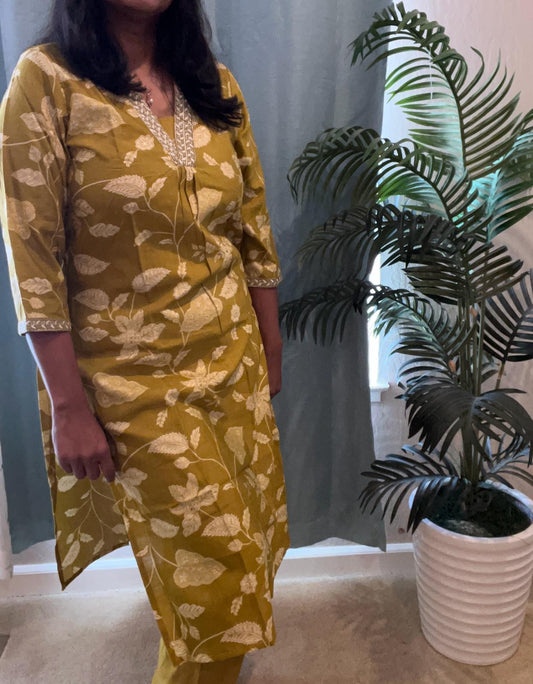 Olive Green V Neck 2-Piece Chudidar Set