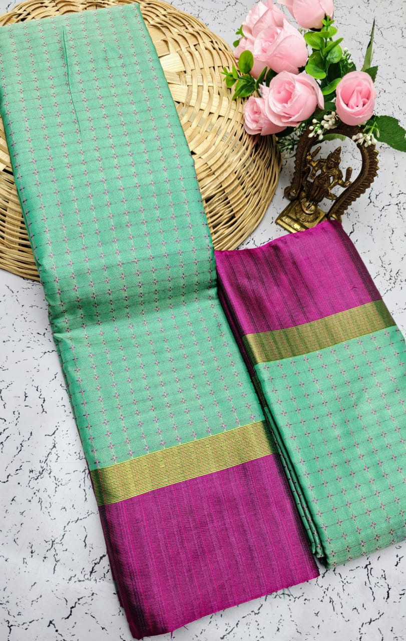 Green and Magenta Checked Pattern Arani Soft Silk Saree