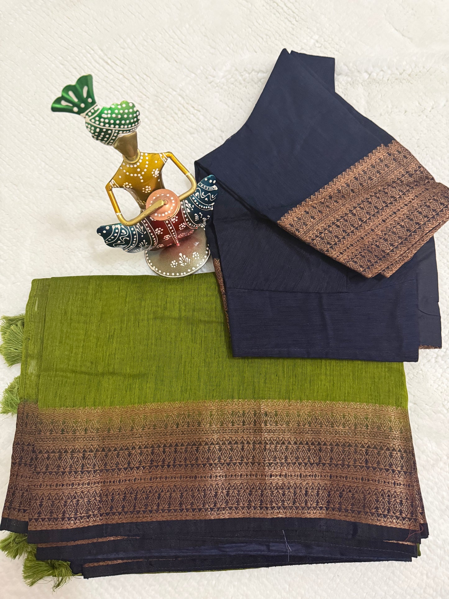 Green and Navy Semi Jute Silk Saree