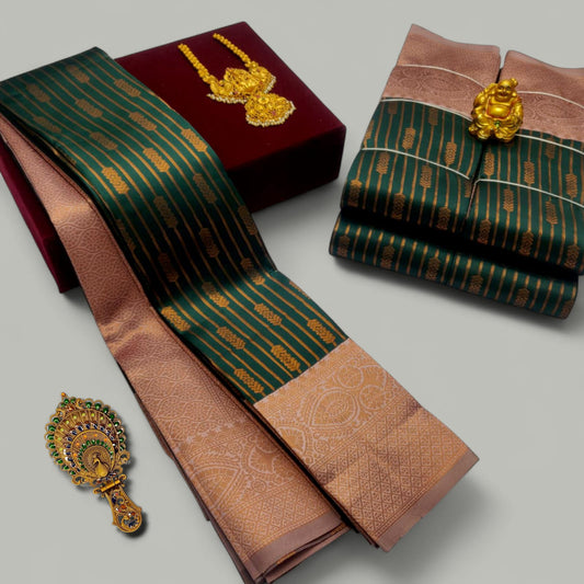 Dark Green and Peach Kubera Soft Silk Saree