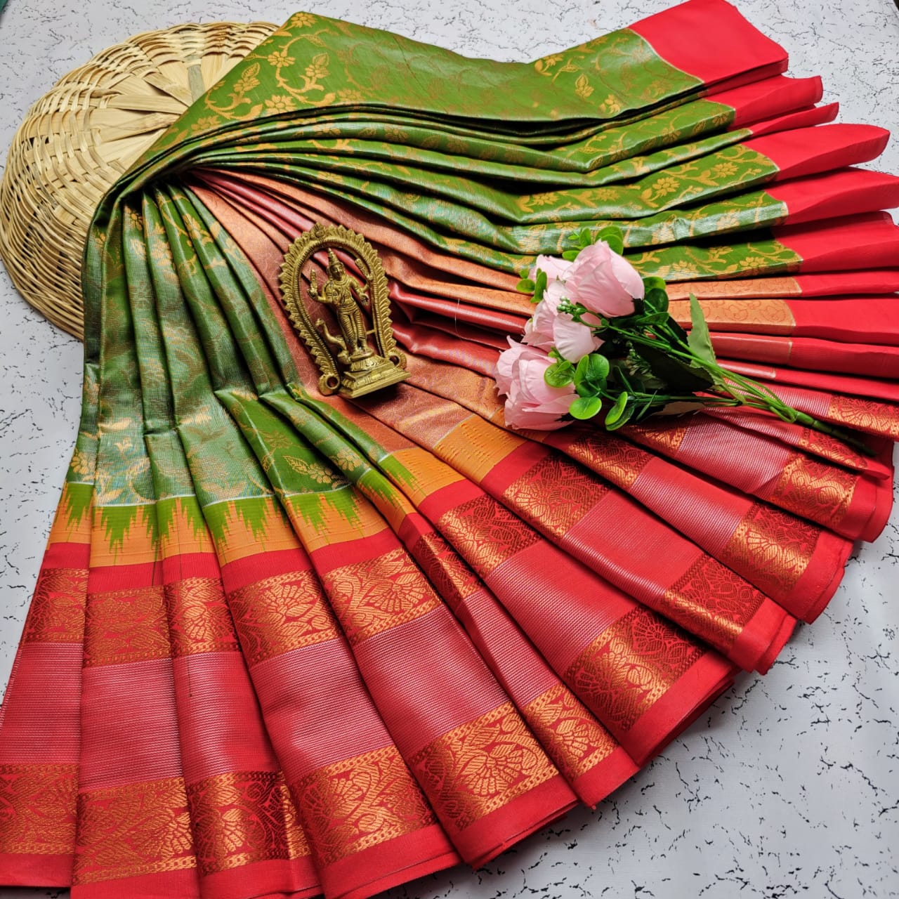 Green and Red Kanchipuram Korvai Kotanji Soft Silk Saree